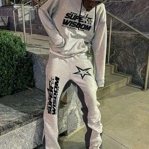 Two-Piece Set Men's Star Print Drop Shoulder Hoodie & Drawstring Waist Flare Leg Sweatpants Set, Regular Fit Casual Fashion Cozy Outfits for Daily Wear, Men's Fall & Winter Clothes