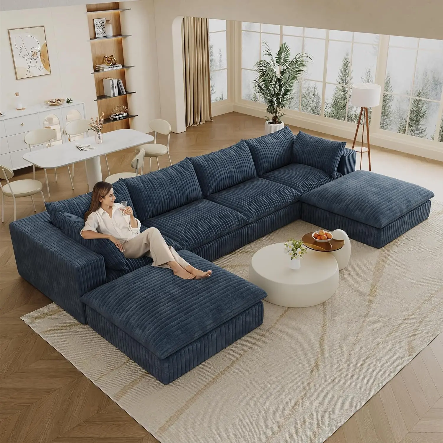 157.6" Cloud Sofa,Cloud Boneless Modular Couch with Removable and Machine-Washable Cover – No Assembly, Corduroy Fabric for Living Room & Apartment,  U-Shaped (4-Seater with 2 Ottomans),Blue