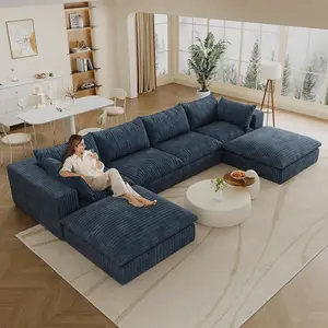 157.6" Cloud Sofa,Cloud Boneless Modular Couch with Removable and Machine-Washable Cover – No Assembly, Corduroy Fabric for Living Room & Apartment,  U-Shaped (4-Seater with 2 Ottomans),Blue