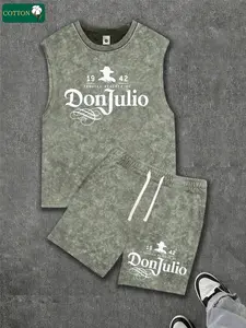 Men’s summer letter-print washed cotton athletic tank top and shorts set; casual loose fit with a drawstring waist; beach shorts with pockets; emo/moody aesthetic; Y2K style; suitable for running, golf, fishing, basketball, camping, gym, swimming, and the