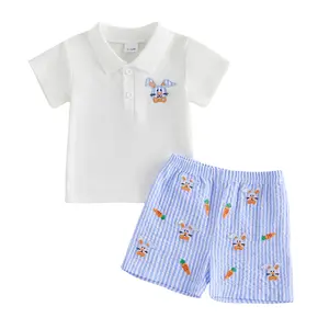REDWOON Toddler Boy Easter Outfit Lapel Bunny Embroidery Tops Shorts Set Summer Baby Boy Clothes 0 6 12 18 24 Months 2T 3T 4T