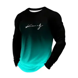 Men's Long Sleeve Casual T-Shirt Gradient Color Polyester Crew Neck Letter Print Machine Washable Ideal for Daily Wear Gift for Modern Men