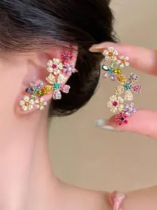 Fashion Sweet Colored Rhinestone Flower Earrings, Clip-On Studs Combo, Elegant Women's Party Jewelry, Stylish Design Ear Rings, Fashionable Earrings