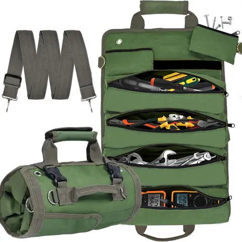GJANSH Roll Up Tool Bag, Heavy Duty Tool Roll Bag Tool Organizer Bag Portable Foldable Rollup Organizer with 2 Small Pouches Rollable Carrying Toolbag, Dad Men Mechanic Chirstmas Gifts, TikTokShopBlackFriday