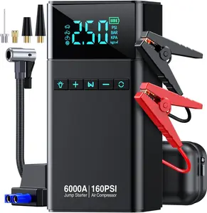 10 in 1 Car Battery Jump Starter with Air Compressor 6000A Portable Jumper Starter 160PSI Tire Inflator, 12V Jump Box with Jumper Cables and LED Light for Gas Diesel Cars Truck SUV Emergency Starter