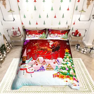 Christmas Duvet Cover Setsnowman Xmas Tree Bedding Set for Kids Boys Girls,Santa Claus with Reindeer Comforter Cover New Year Theme Quilt Cover,No Comforter