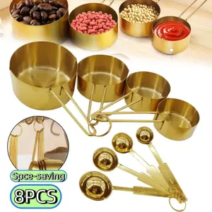 Pack of 8 Gold 304 Stainless Steel Measuring Cup and Spoon Set with Long Handle, Stackable Measuring Cup and Spoon for Narrow Bottles, Premium Gold Kitchen Utensils for and Cooking