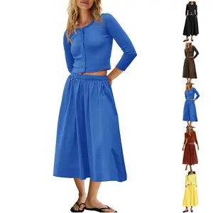 JovenPara Women's 2 Piece Lounge Sets Matching Ribbed Button Down Cardigan & Elastic Waist Skirt Sets gifts