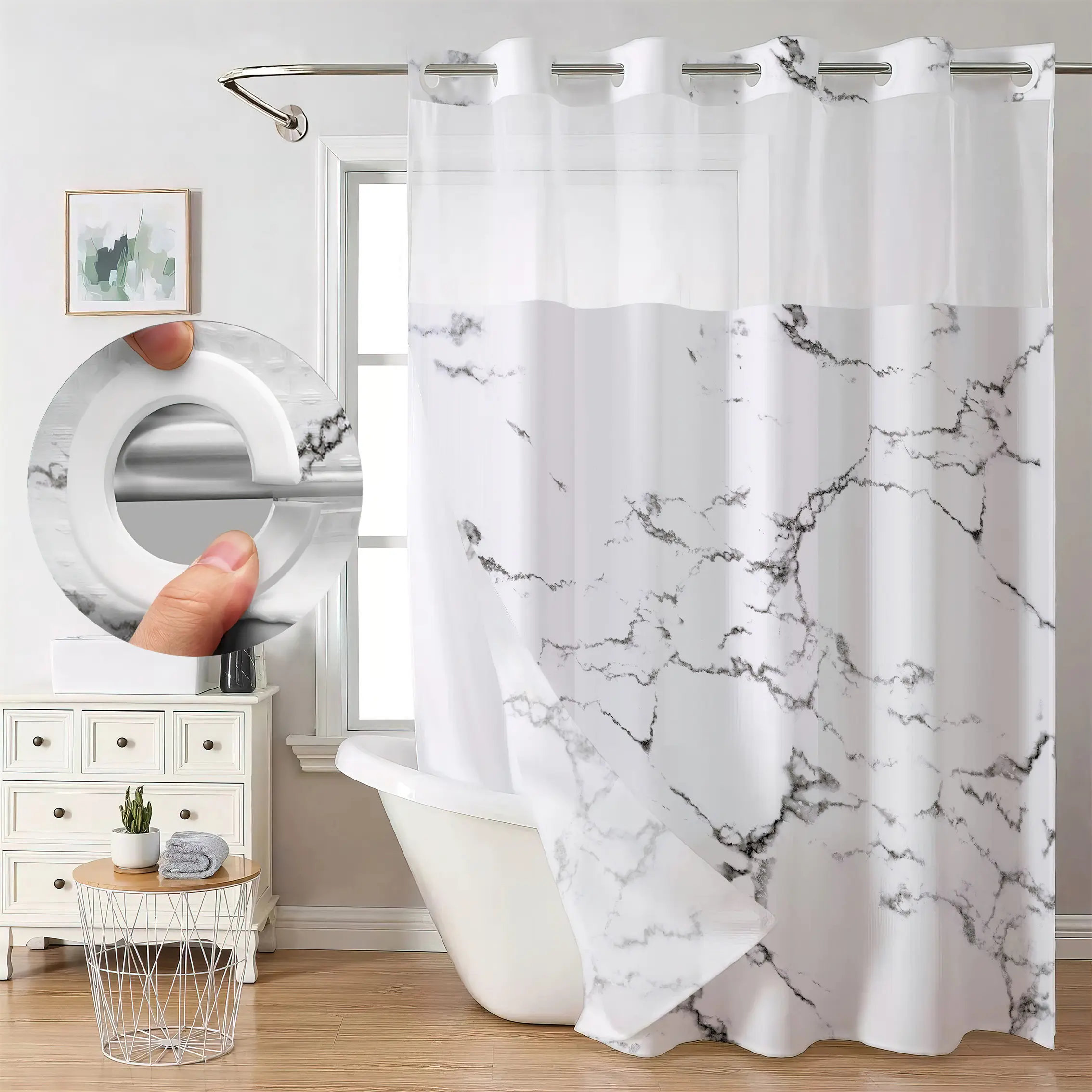 Marble Pattern Removable Shower Curtain, No Hook with Snap in Liner, Fabric Waterproof Double layer, Digital Print, Shower Curtains Washable, Bathroom Decor, Hotel-Style Design