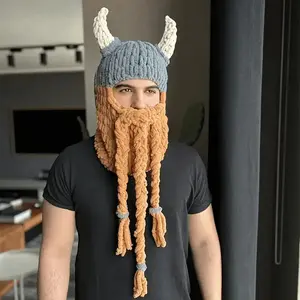 Hand-woven Hat with Detachable Beard and Horns - Soft and Warm Winter Mask Suitable for Halloween, Christmas, Birthday Parties, Themed Events - Unisex Adult Costume Accessory (No Batteries/Electricity) - Durable Hand-woven Headwear Suitable for Men and Wo