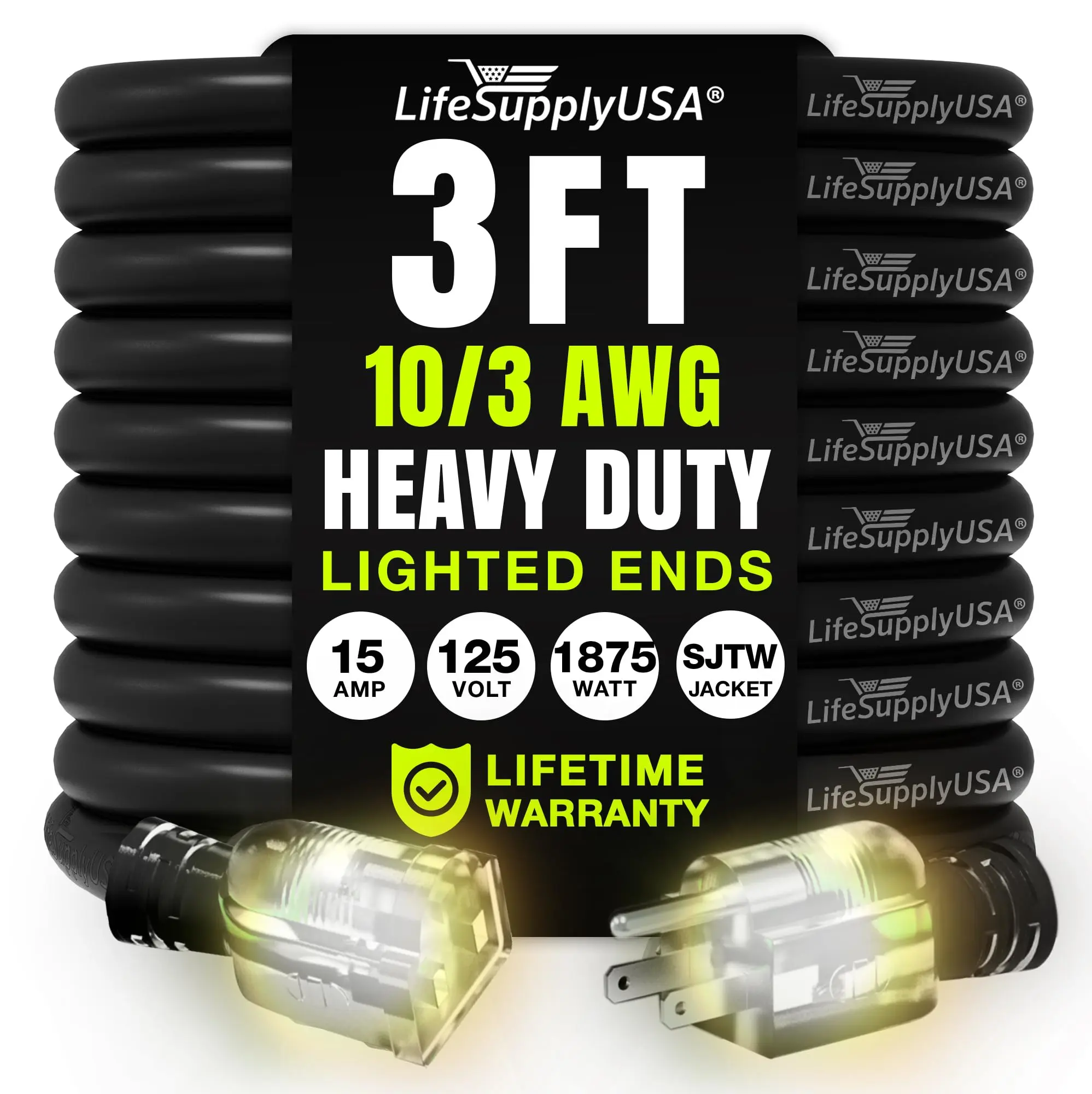 Outdoor/Indoor Extension Cord Heavy Duty 3 Prong SJTW, Waterproof, Flexible Cold-Resistant Long Power Cord by LifeSupplyUSA