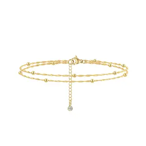 TEWIKY 14K Gold-Plated Double Layer Anklet with Wavy Beads Elegant Design Perfect Valentine's Day Gift for Various Occasions