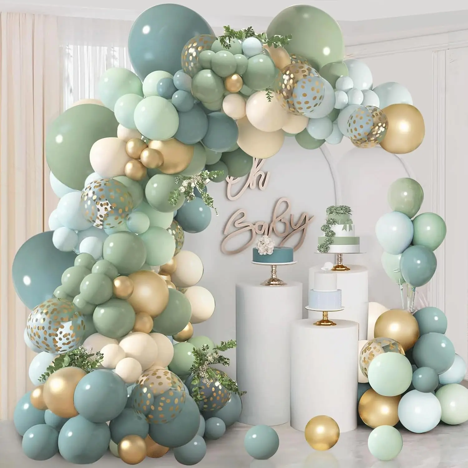 Dusty Blue Sage Green Balloon Arch Kit, Pastel Blue Green Sand White  Confetti Balloons Garland Kit for  Shower Wedding Bridal Boho Birthday Party Backdrop Decorations......