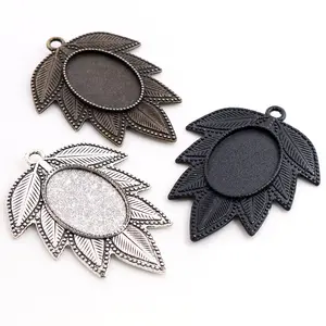 5pcs 18x25mm Inner Size Antique Silver Plated Black Bronze Leaf Style Cameo Cabochon Base Setting Pendant necklace findings