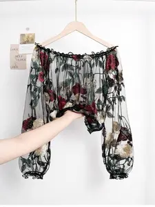 Women's Fashion Chic Sheer Mesh Crochet Embroidery Floral off Shoulder Lantern Sleeve Short Top Blouse, Elegant Summer Casual Wear