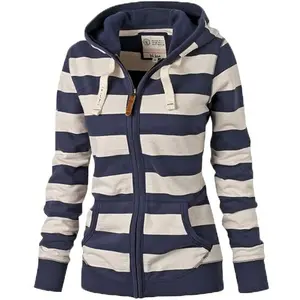 Women Plain Zipper Spring Hoodie Striped Hooded Jacket