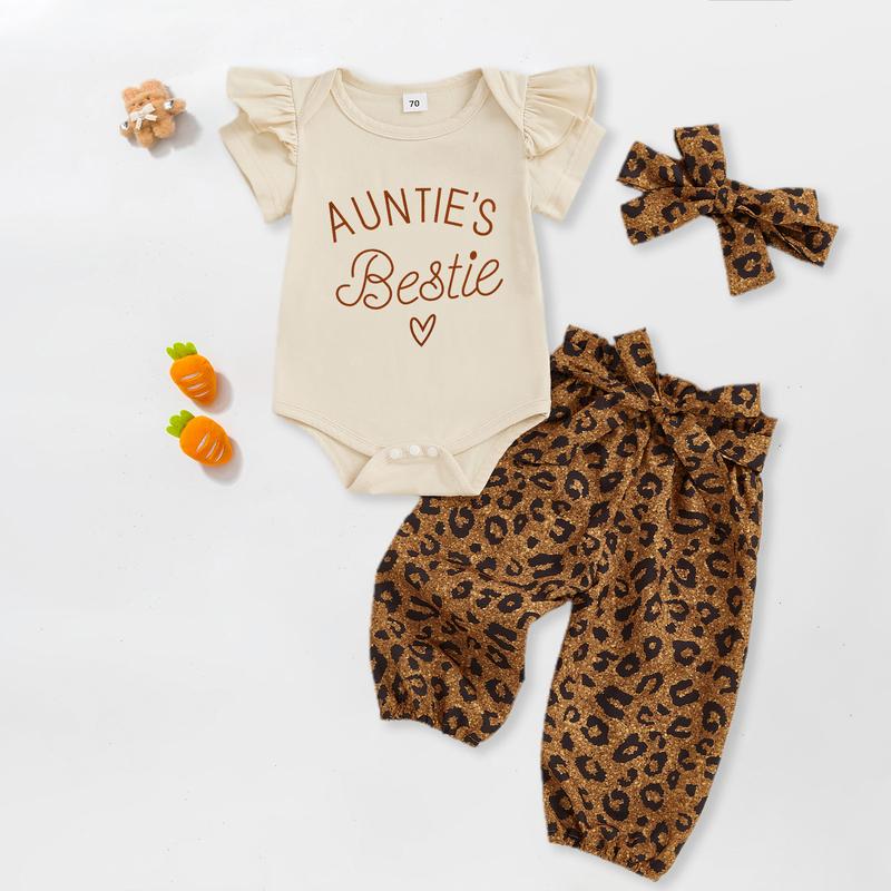 Aunties Bestie Baby Clothes Girl Newborn Short Sleeve Romper Leopard Pants Set Headband 3Pcs Infant Summer Outfits