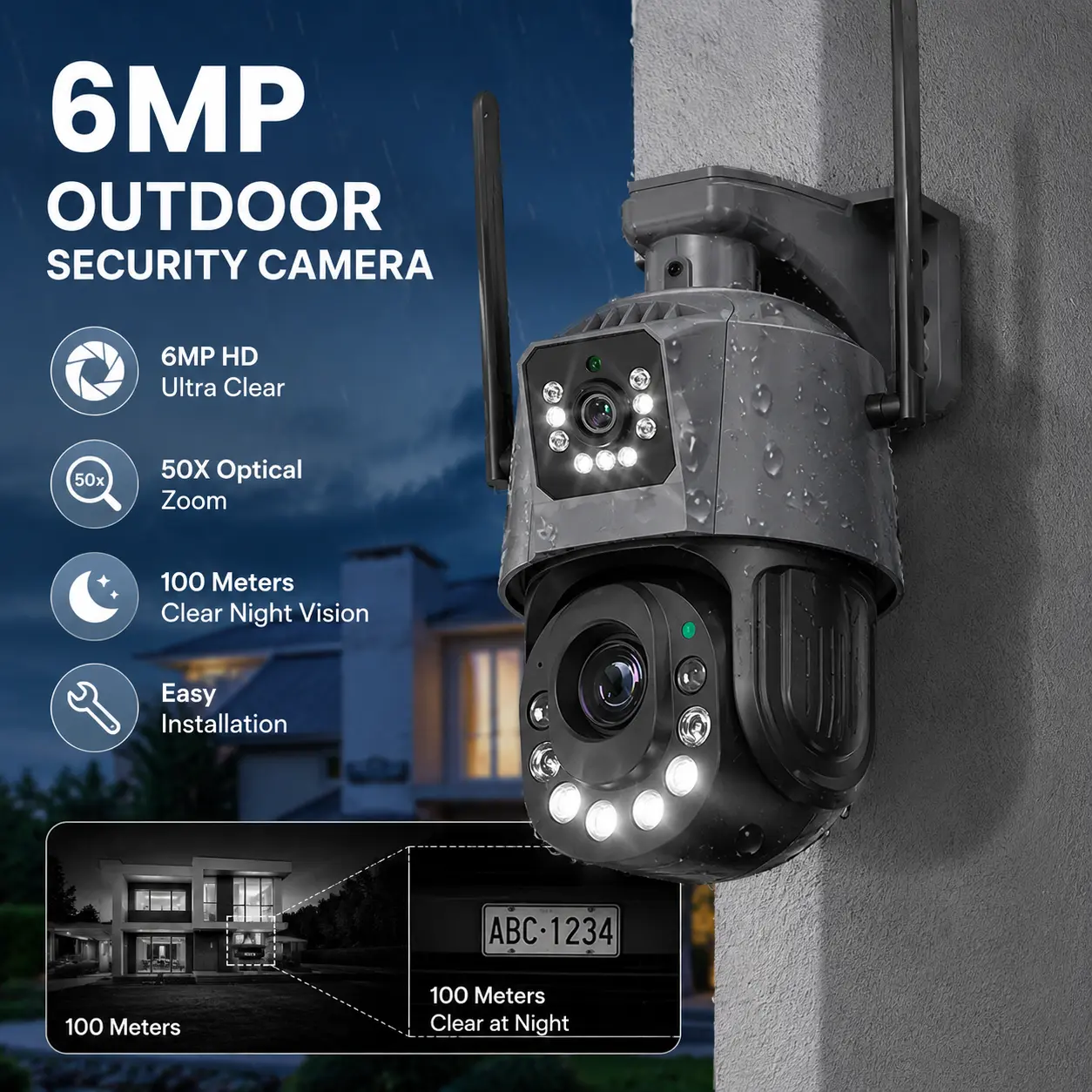 50X Zoom 6MP Dual Lens Dual View PTZ Security Camera Outdoor WiFi 3K HD Human Detection Auto Tracking Two Way Audio SD Card Slot Motion Lights Remote Surveillance System Wireless Home Protection Wireless Audio Cctv Lights Remote Ptz Cctv