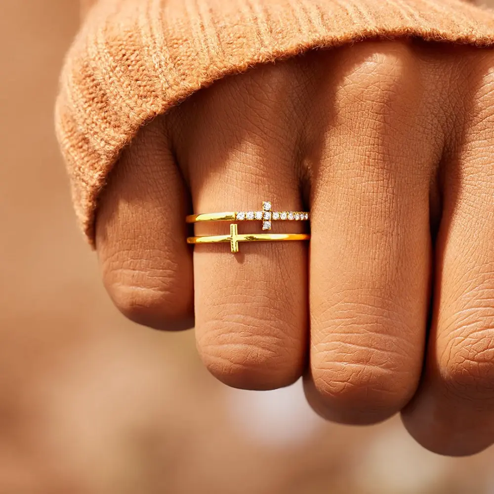 Double Cross Ring for Women Cubic Zirconia Inlay ,Gold Color Stainless Steel Layered Wrap Ring Christian Religious Jewelry Meaeguet