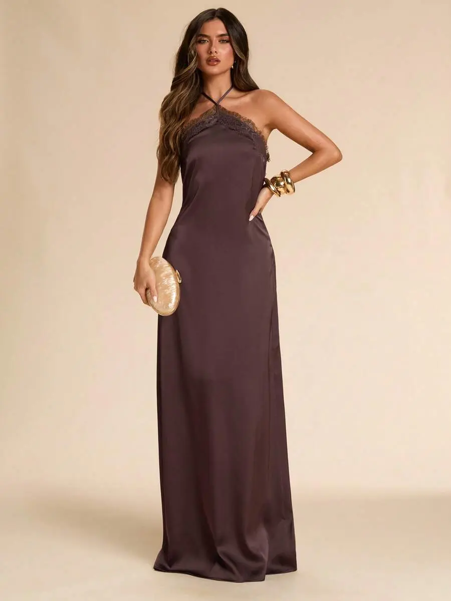 JADEE Solid Coffee Brown Lace Halter Satin Dress Romantic Date Beach Vacation Wedding Guest Summer
