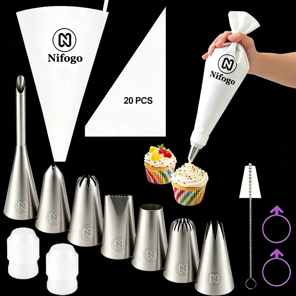 Pastry Decorating Tools Multi Purpose Frosting Craft Collection, Mixed Disposable Silicone Piping Bags, Rustproof Metal Tips For Birthday Party Cake Decoration Projects