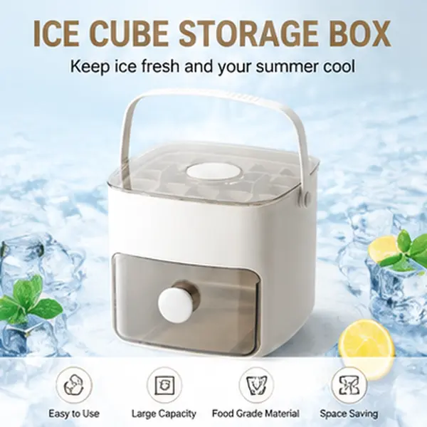 Portable Ice Cube Tray with Storage Bin, Pull-Out Drawer Ice Maker Container with Lid, Handle and Tongs for Freezer and Cold Drinks