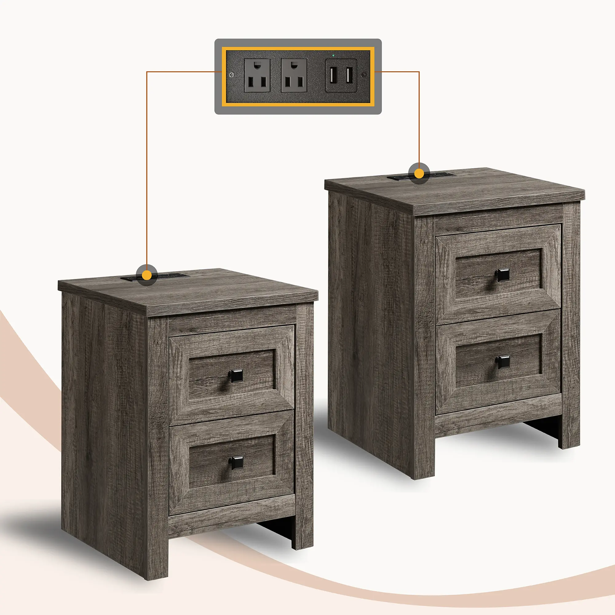AMERLIFE Small Nightstand Set of 2 with Charging Station, Bed Side Table with 2 Drawers Storage, Farmhouse Wood End Table for Bedroom, Living Room