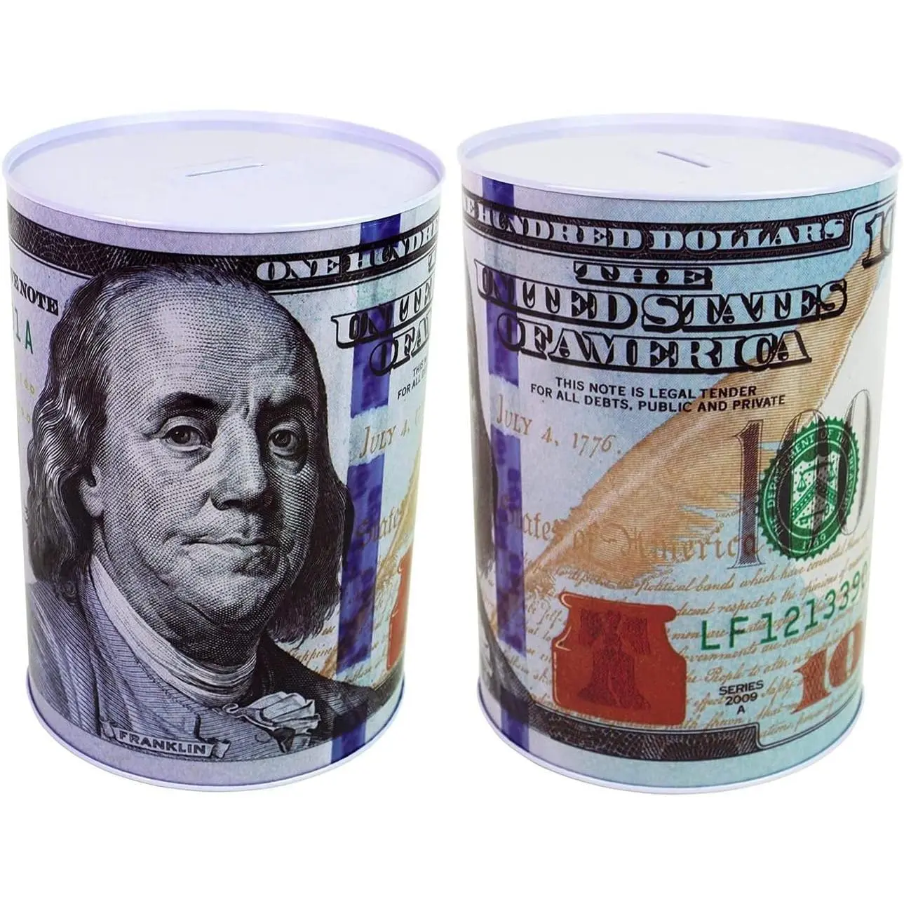2-Pack Metal $100 Bill Tin Coin Savings Bank for Kids, 5.875 in Tall Coin Jar with Slot, Benjamin Franklin Currency Container, Home Decor Gift Ornament