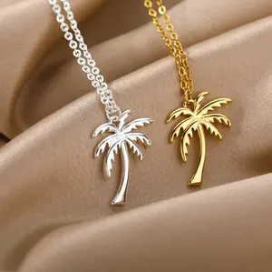 Stainless Steel Cool Ocean Breeze Coconut Palm Tree Pendant Necklace