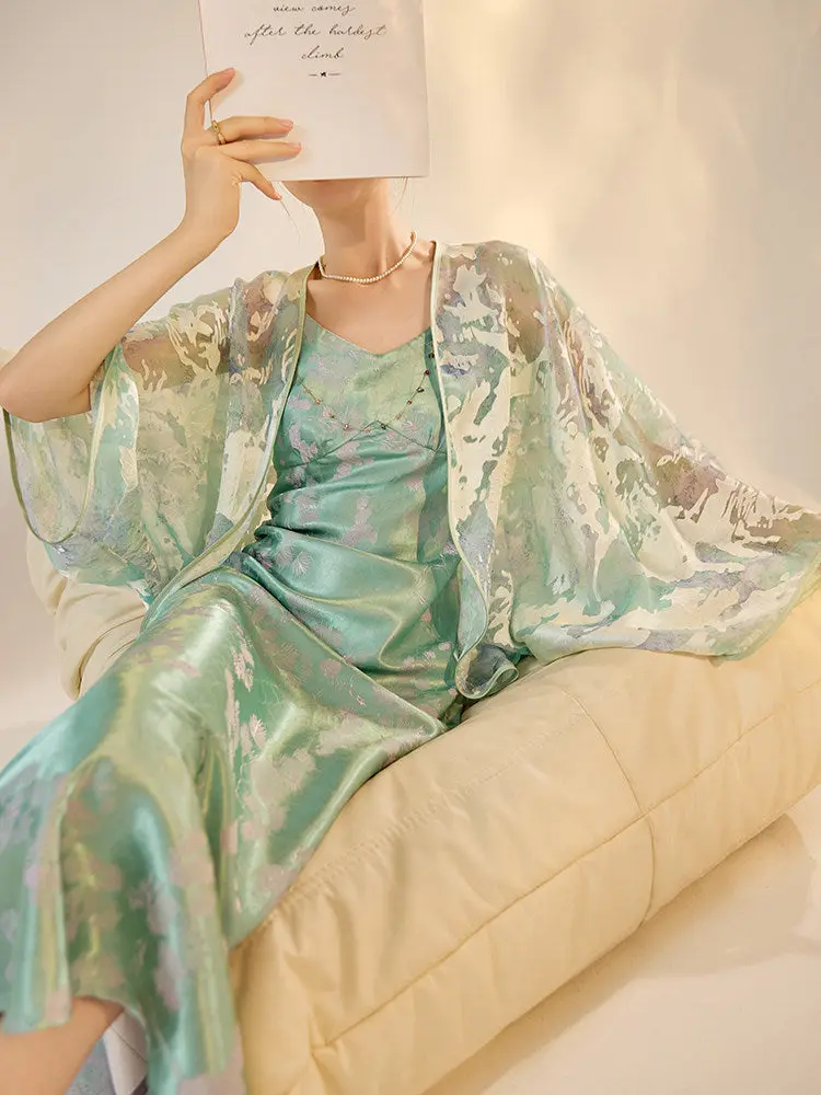 Mint Mirage Embroidered Open-Front Cardigan & Acetate Slip Dress Set — Neo-Oriental Two-Piece