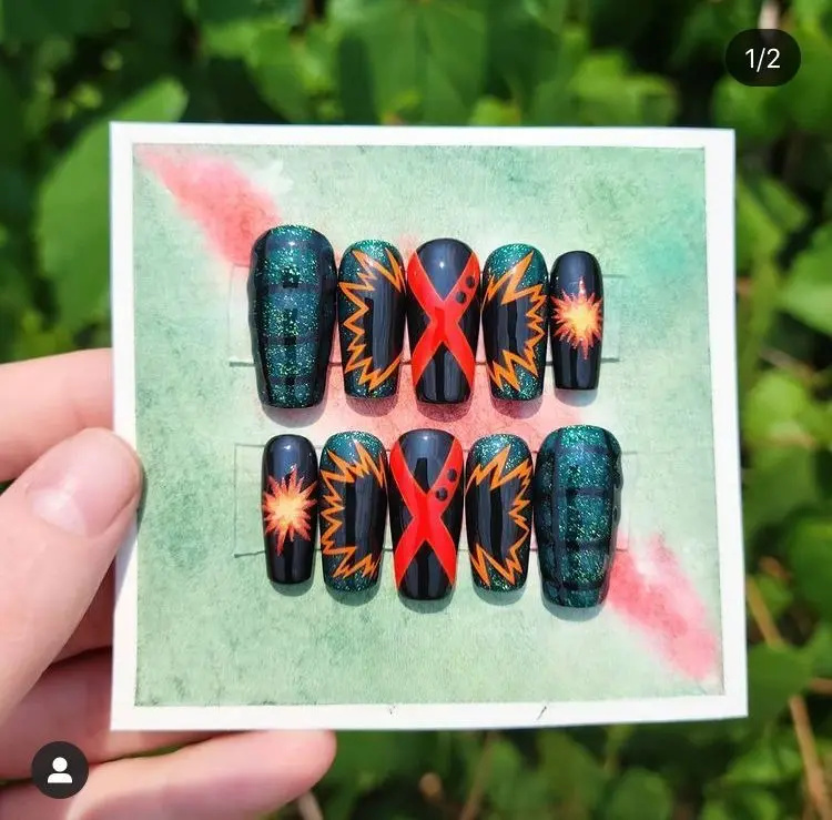Bakugo Press On Nails | My Hero Academia Katsuki Bakugo Anime Nails | Explosion Glitter Handmade Nail Art with Gift Set (Adhesive Tabs, Nail File, Cuticle Stick) | Reusable Fake Nails