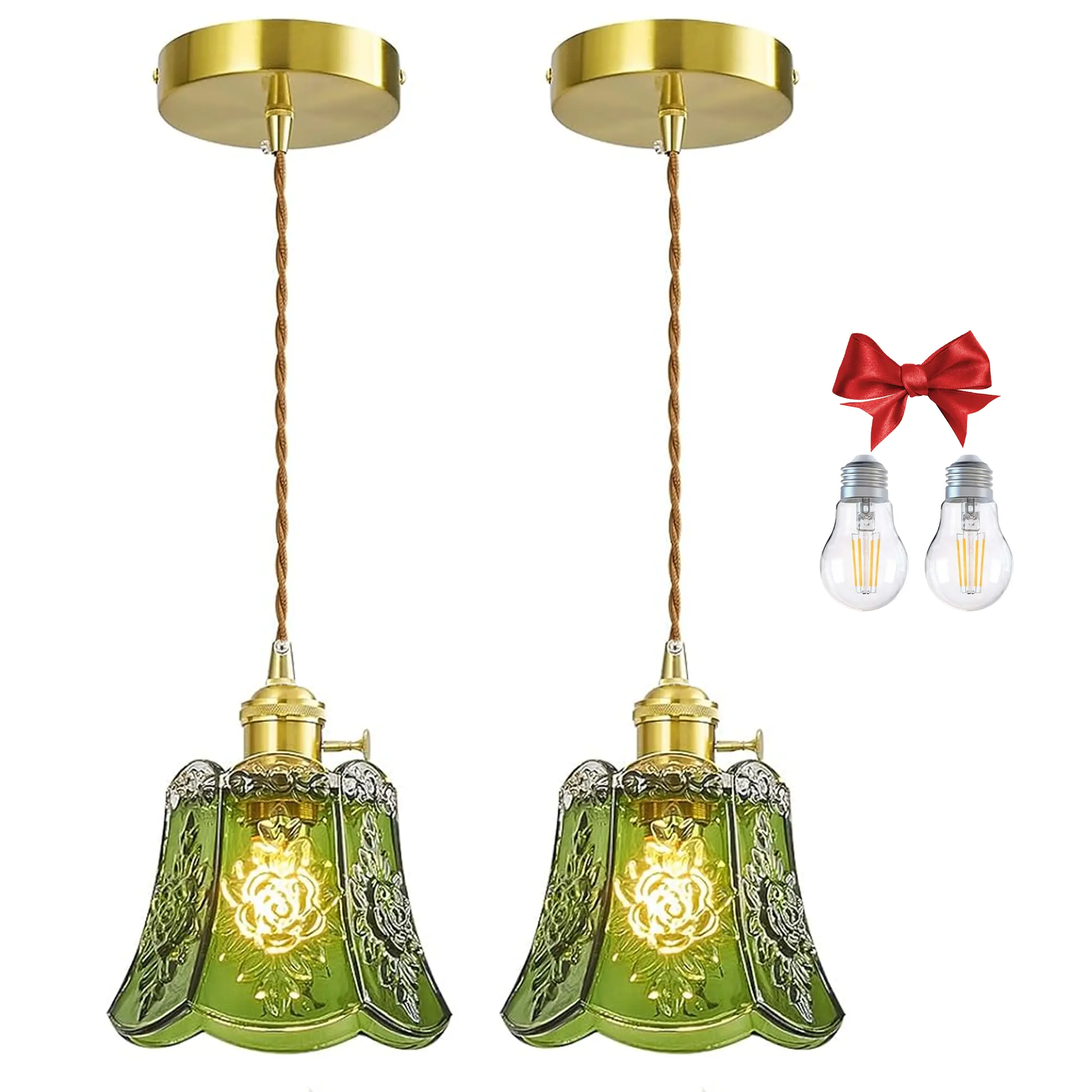 Green Wind Chime Glass Pendant Light, 2 Natural Light Bulbs Included, Adjustable Cord with Switch, Hanging Lamp for Kitchen Island/Dining Room