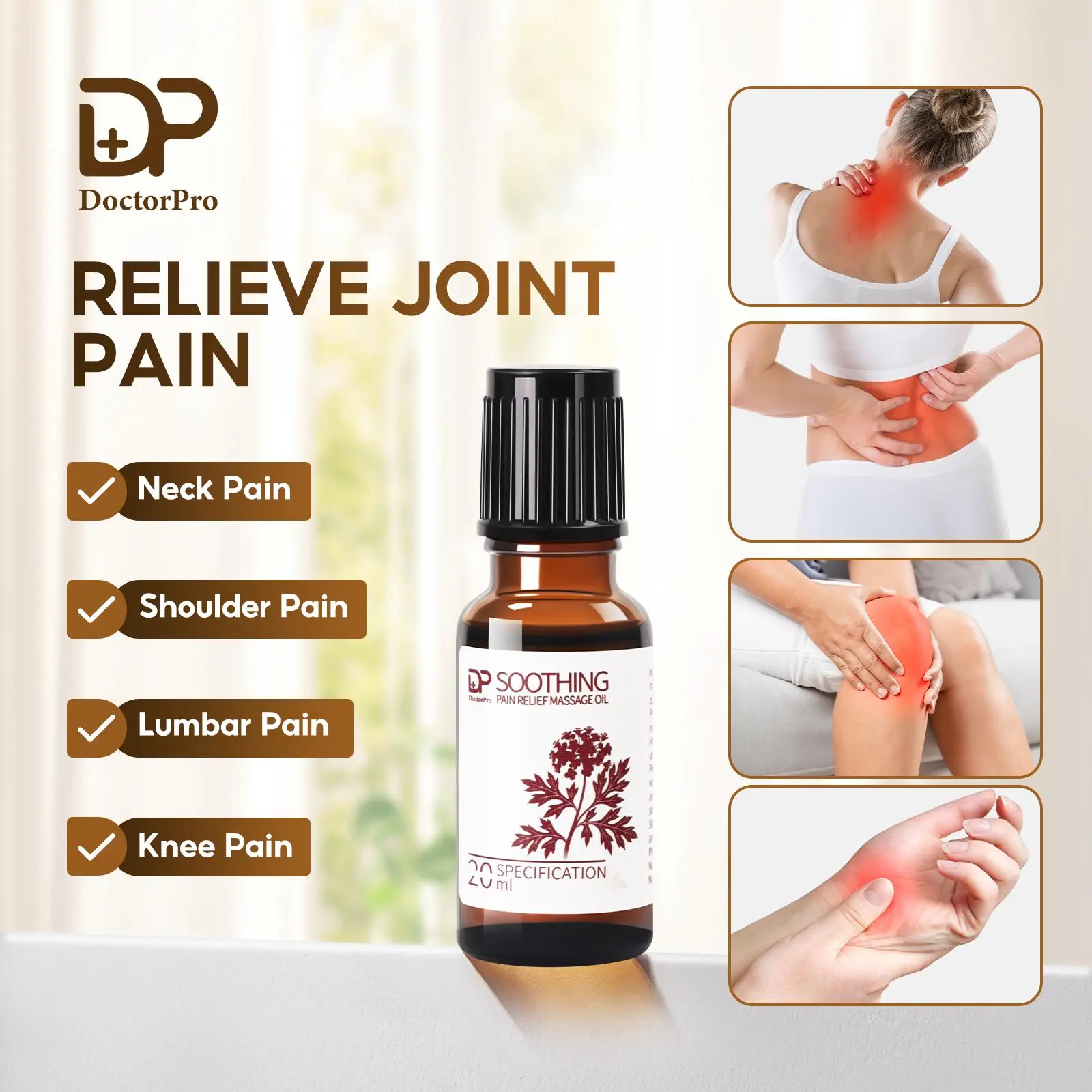 DoctorPro Joint Pain Relief Massage Oil Repair Therapeutic Essential Oil for Knee Lumbar Neck Foot and Hand for Muscle Relief and Pain Management Contains Natural Plant Ingredients