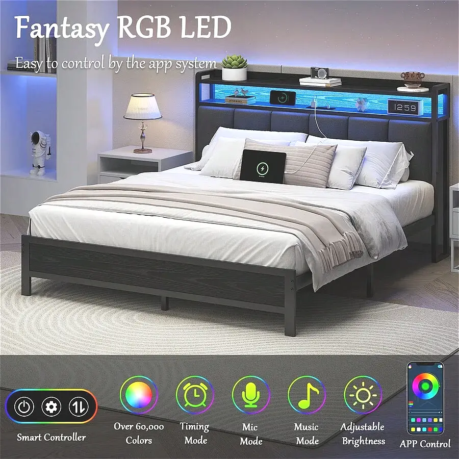 Twin/ Full/ Queen/ King Bed Frame With Storage Headboard, LED Bed Frame With Charging Station, Upholstered Platform Bed Frame With Heavy Duty Metal Slats, No Box Spring Needed, Easy Assembly, Black/ White/ Beige