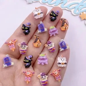 50pcs Resin Mini Colorful Cartoon Skull Bat Pumpkin Cat Flatback Rhinestone Nail Art Halloween Decor DIY Scrapbook Charms Crafts