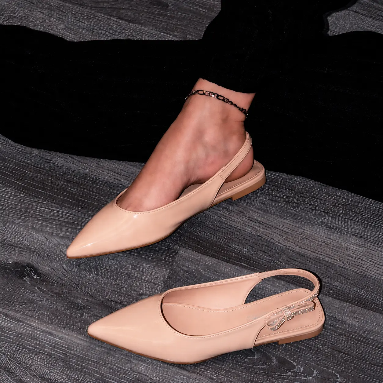 Rivets - Women’s Patent Slingback Flats, Pointed Toe Dress Shoes with Rhinestone Bow Strap, Comfortable Elegant Flats for Office, Weddings, Parties & Everyday Sophisticated Wear