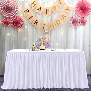 6ft White Polyester Pleated Ruffle Table Skirt for Rectangle Tables, Tablecloth for Wedding Birthday Party Baby Bridal Shower Banquet Table Decoration
