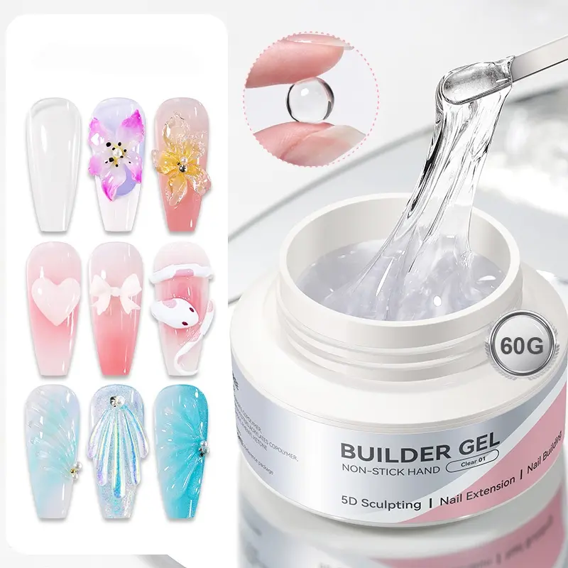 60g Clear 01 Non-Stick Hand Nail Builder Gel, Non-Sticky Hand Hard Gel, 3D Sculpting Gel for Nail Art Sculpture Carving Modeling and Nail Extension with Mold Chrome Nail Powder Tools Salon DIY