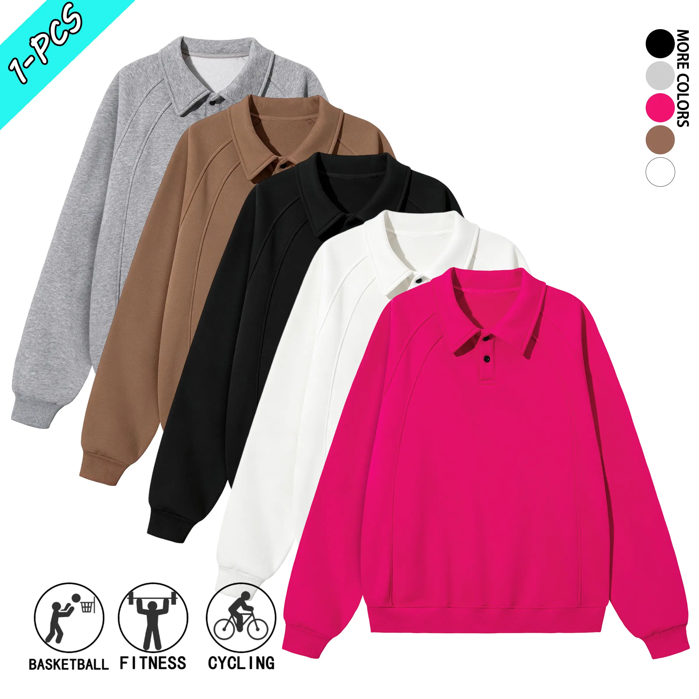 Men’s spring/autumn fleece long-sleeve polo sweatshirt, solid color, minimalist design with a turn-down collar—new arrival, fashionable and versatile for outdoor sports, everyday wear, and street outings.