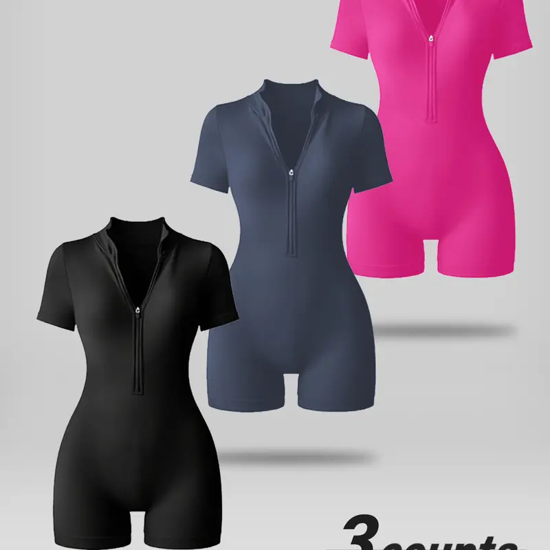 Women's Summervibes Zip Up Romper, High Elasticity Waist Shaping Bodysuit, Yoga and Fitness Bodysuit, Womens Romper, V-neck Zipper, Comfortable Soft and Breathable, Suitable for Yoga and Fitness, Shaping and Compression Shorts Set Outdoor Fun
