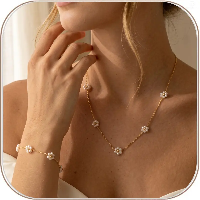 Coquette Daisy Choker Necklace for Women, Dainty Gold Plated Stainless Steel Chain with Pearl Accents, Adjustable Bridesmaid Gift, Casual, Stainless Steel Jewelry, 15" Length, Adjustable Choker, Daisy Motif, Everyday Wear backtoschool