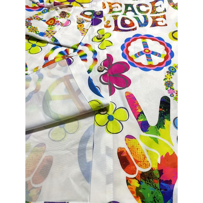 Women's Hippie Floral Print Peace Love Print Long Sleeve Shirt - Casual Button-Up with Vibrant Flower Design, Machine Washable, All-Season Wear, Casual Wear | Peace Symbol Design | Silklike Texture Women's