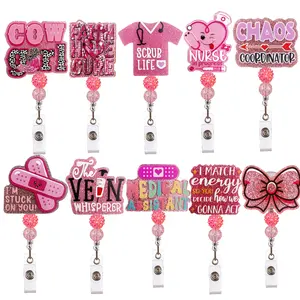 Popular acrylic glitter medical DIY beaded diamond ball style bow with pink beads and easy-pull buckle ID holder