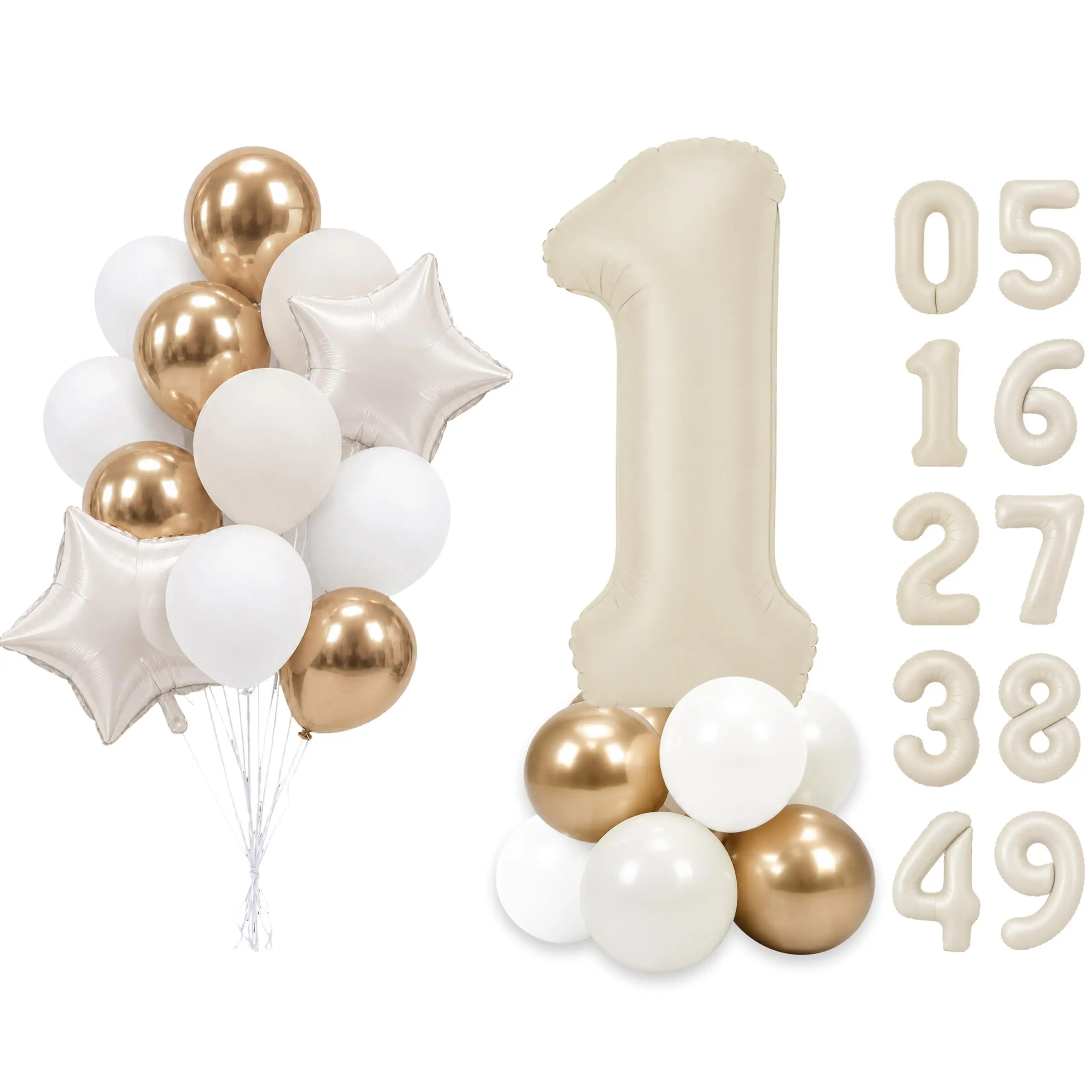 PartyWoo 40-Inch Beige Number 1 Foil Balloons with 25 White Sand Foil Stars & Gold Accents, Large Size Number Shape Decor for Birthday, Wedding Party Supplies