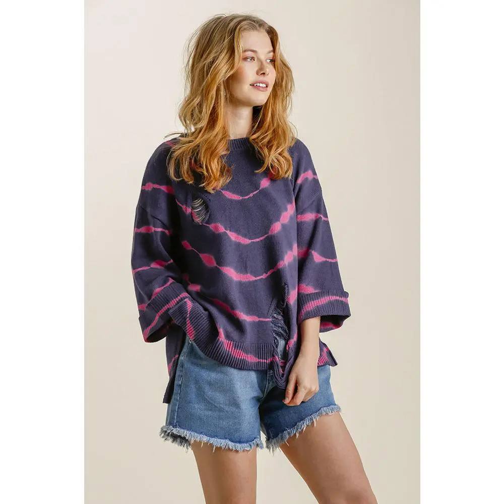 Umgee Full Size Tie Dye Side Slit Round Neck Distressed Detail Sweater Plus Size