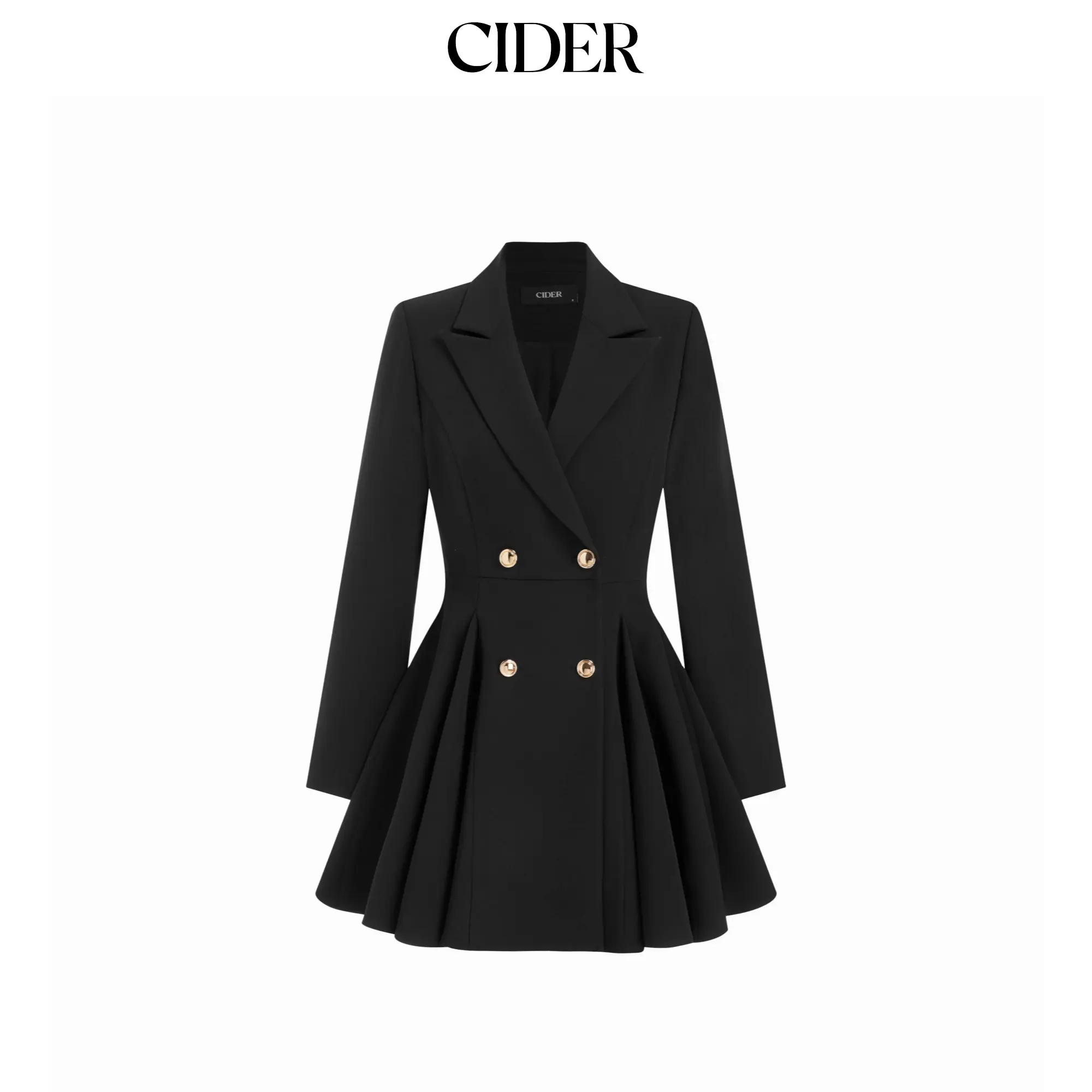 Cider Pleated Blazer Mini Dress, Women's Chic Collared Long Sleeve Party Dress with Metal Button Detail, Above The Knee, Buttons, Casual, Fashion, Polyester, Woven, Elegant, Longsleeves, Party Wear, Elastane