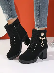 Women's Fall Winter Chunky Heel Side Zip Boots, Comfortable Casual Round Toe Fur Patchwork Boots, Elegant British Style Shoes, Winter Warm Boots