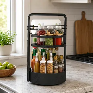 Kitchen Countertop Organizer with Rotating Spice Rack and Paper Towel Holder, 2 Tier Lazy Susan Turntable, Height Adjustable Metal Storage Rack for Spice Jars, Oil Bottles, Condiments, Snacks, Coffee Bar, Pantry and Cabinet Organization