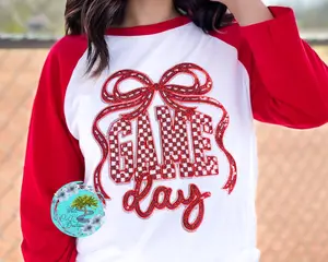Game Day Red Sequins & Glitter Raglan 3/4 Sleeve Red T-Shirt