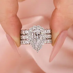 Effinny 3.0ct Classic 3PC Halo Pear Cut Engagement Ring Set, Fashion Jewelry Wedding Ring Set In Sterling Silver for Daily Wear Outdoorfun